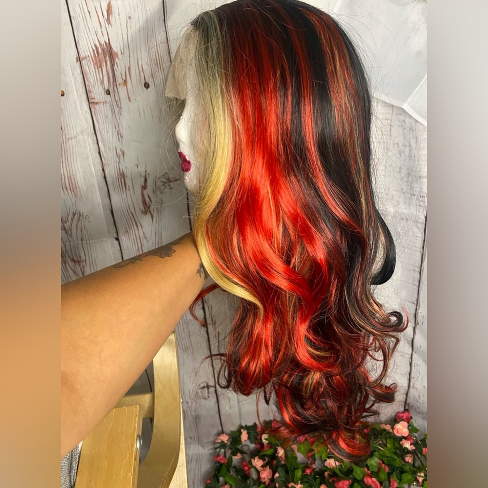 26” Red/Blonde Highlights Synthetic Wig